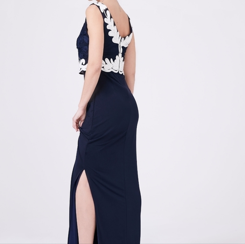 NWT FRANK LYMAN EMBROYDERED MAXI  BACK ZIP SLEEVELESS LINED US6 NAVY IVORY GOWN